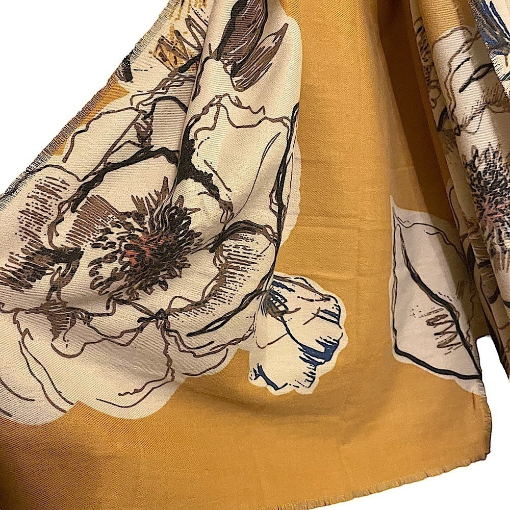 Unbranded Super Soft Golden Yellow Scarf Wrap Large Floral Print and Self Fringe - Picture 2 of 8